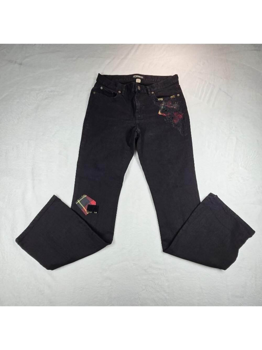 American Living Womens Size 6 Black Denim Patch Lace Beads Revere Bootcut Jeans
